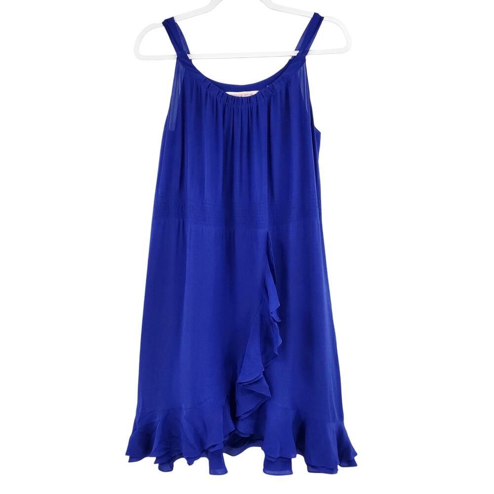 Rebecca Taylor 100% Silk Blue Vertical Pleated Tiered Ruffle Front Dress Size 8